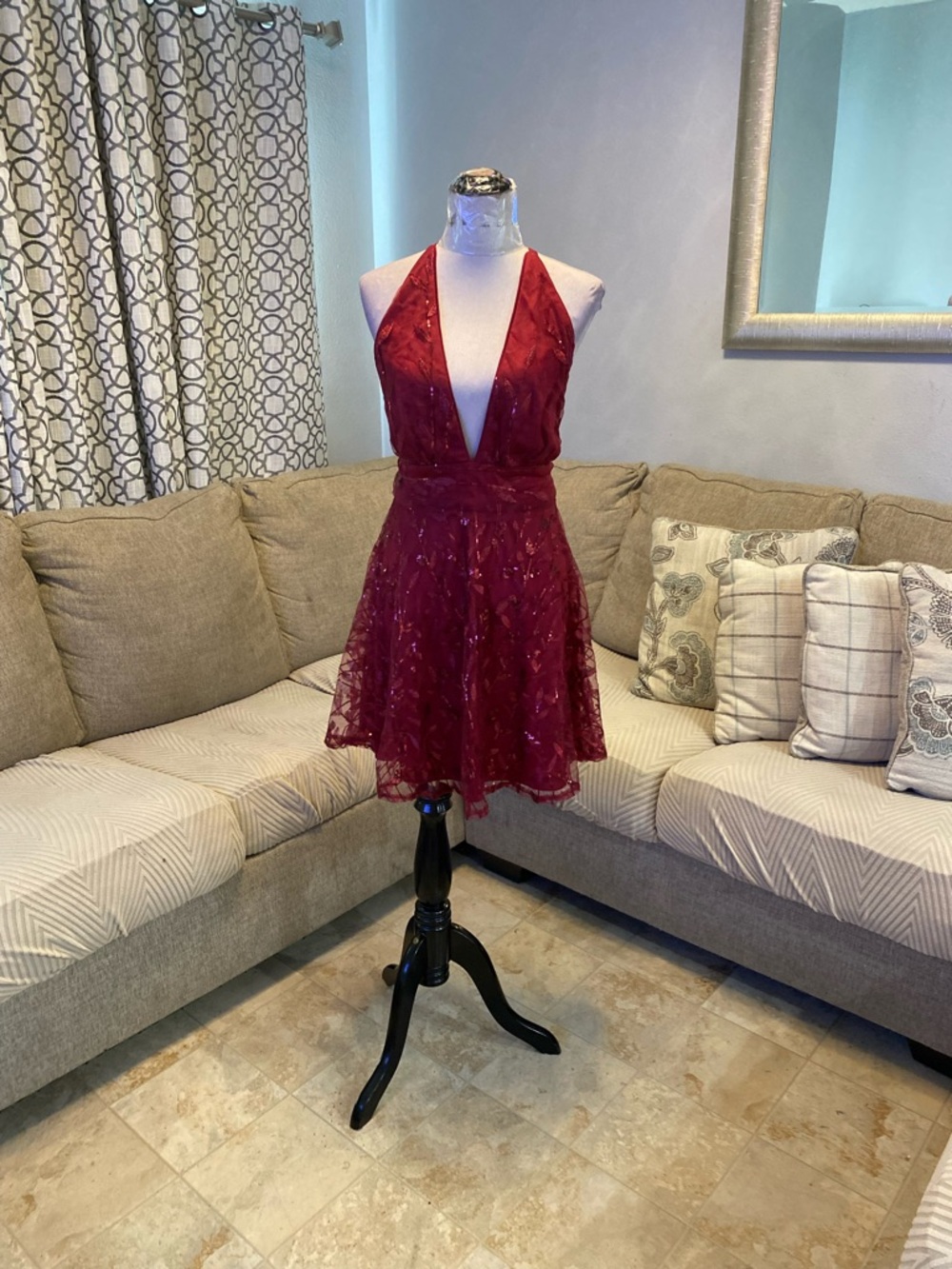 New Women XL Halter Sequin mini dress features a plunging V-neckline